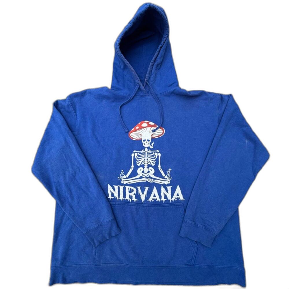 Nirvana Skeleton Mushroom Graphic Hoodie Blue Unisex Pullover Sweatshirt